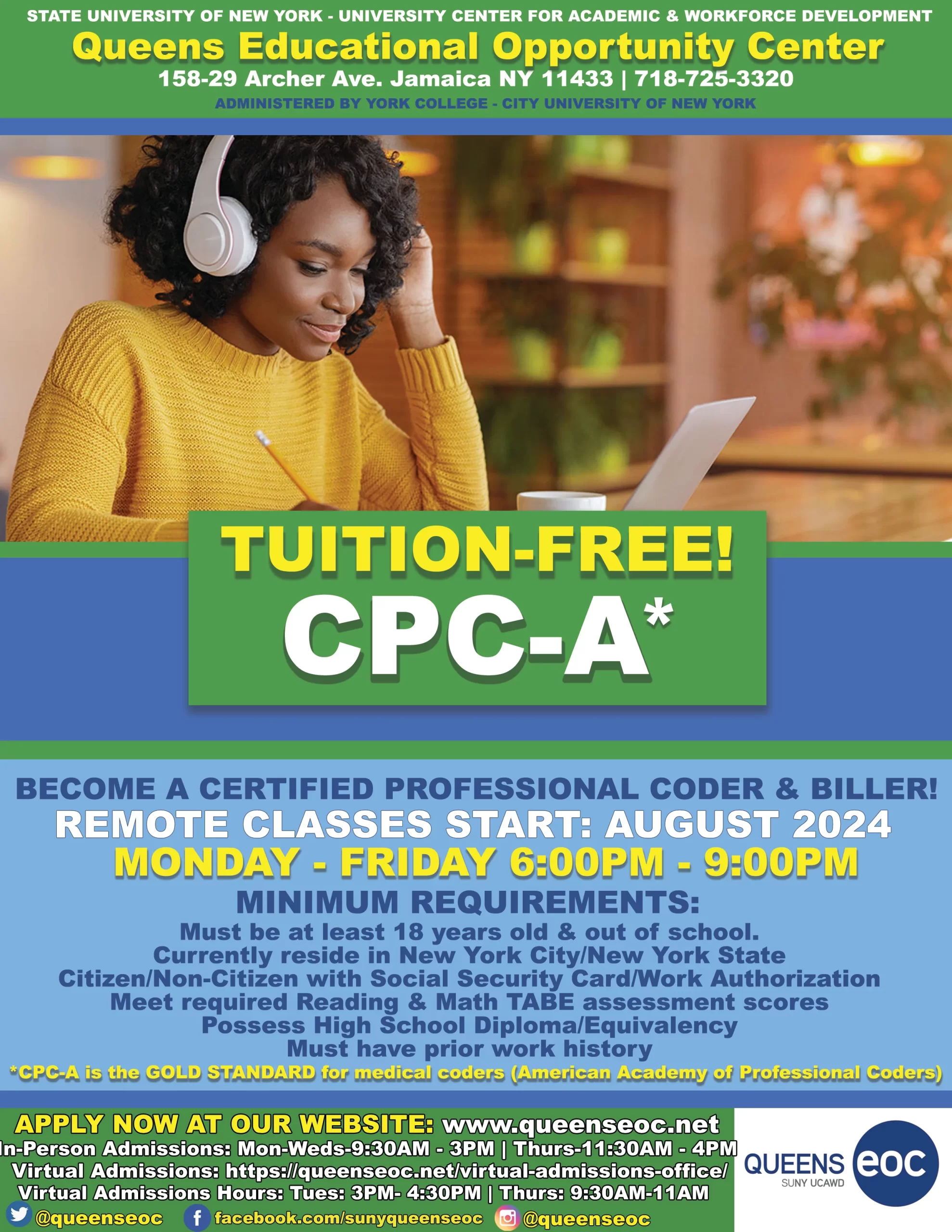 Flyer for tuition-free CPC-A medical coding certification program Queens EOC