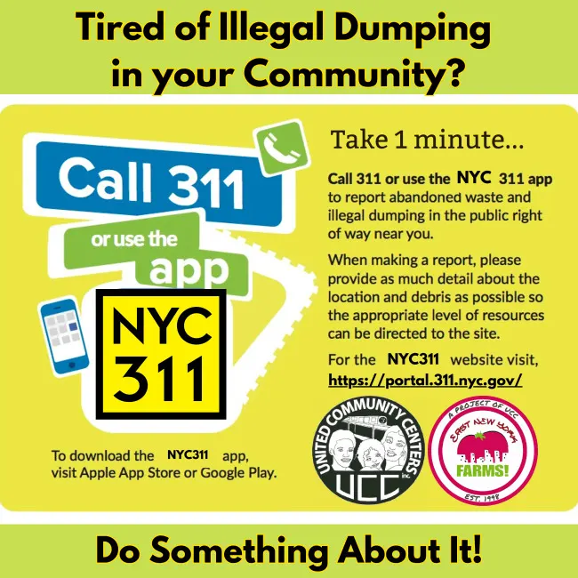 Flyer urging residents to call 311 to report illegal dumping