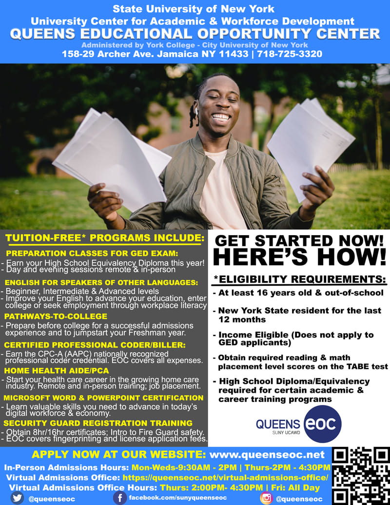 Queens EOC flyer advertising tuition-free workforce and education programs