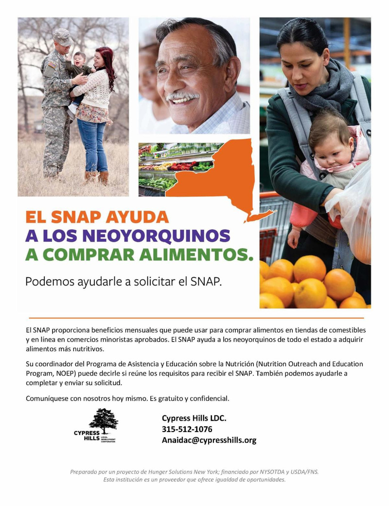 Spanish language SNAP food assistance program flyer from Cypress Hills LDC