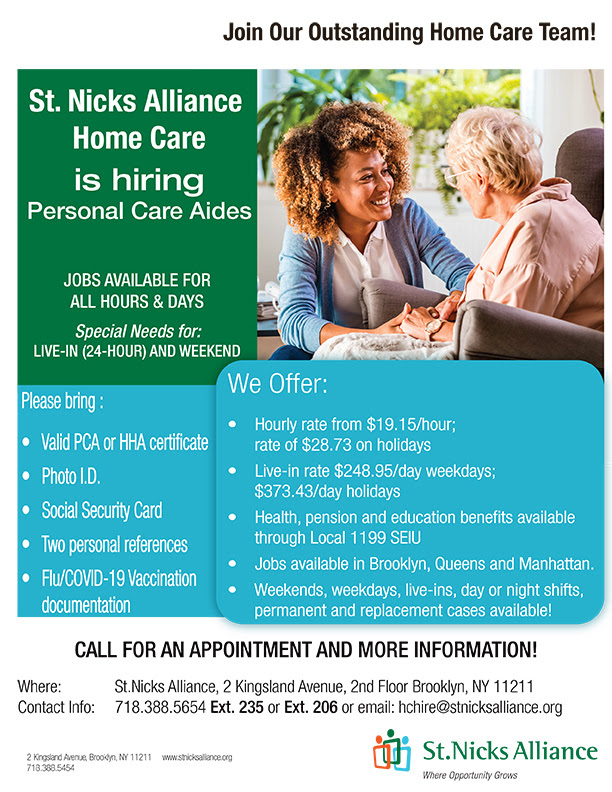 St. Nicks Alliance Home Care hiring Personal Care Aides flyer