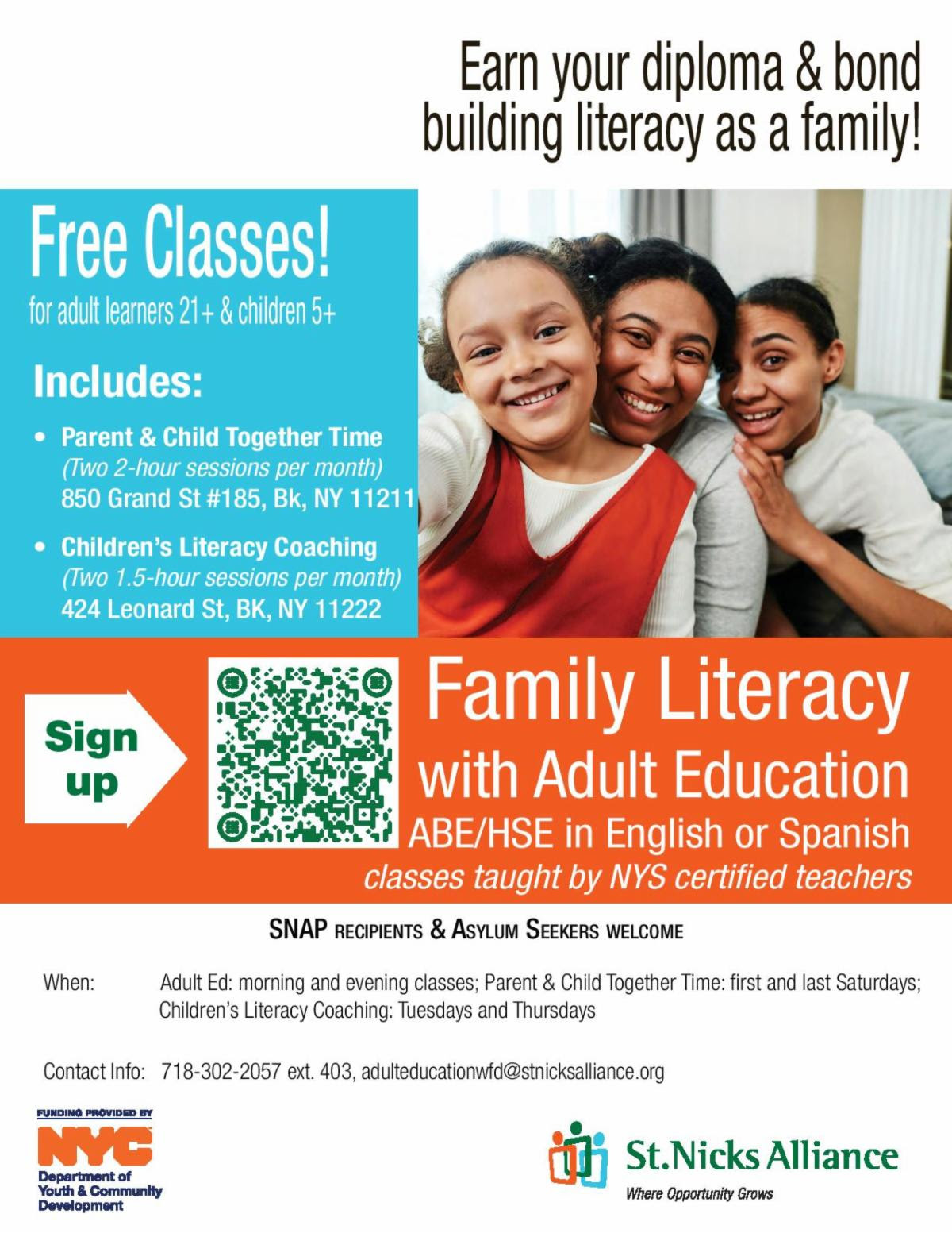 St. Nicks Alliance flyer promoting free family literacy and adult education classes