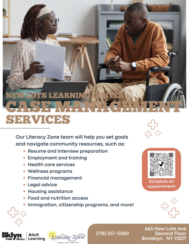 Flyer for New Lots Learning Center Case Management Services at Brooklyn Public Library