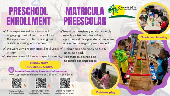 Cypress Hills Child Care Corporation preschool enrollment flyer in English and Spanish