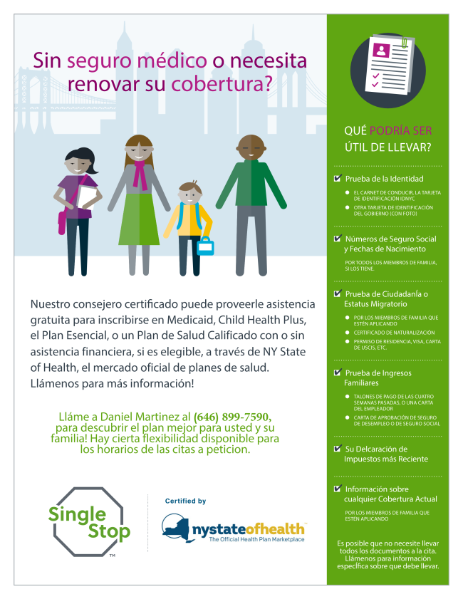 Spanish-language health insurance enrollment flyer from Single Stop