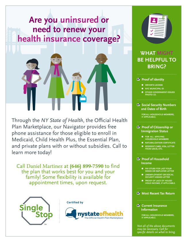 Single Stop health insurance enrollment flyer with contact information for free assistance