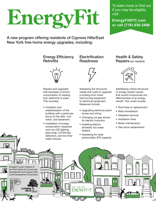 EnergyFit program flyer offering free home energy upgrades for Cypress Hills residents