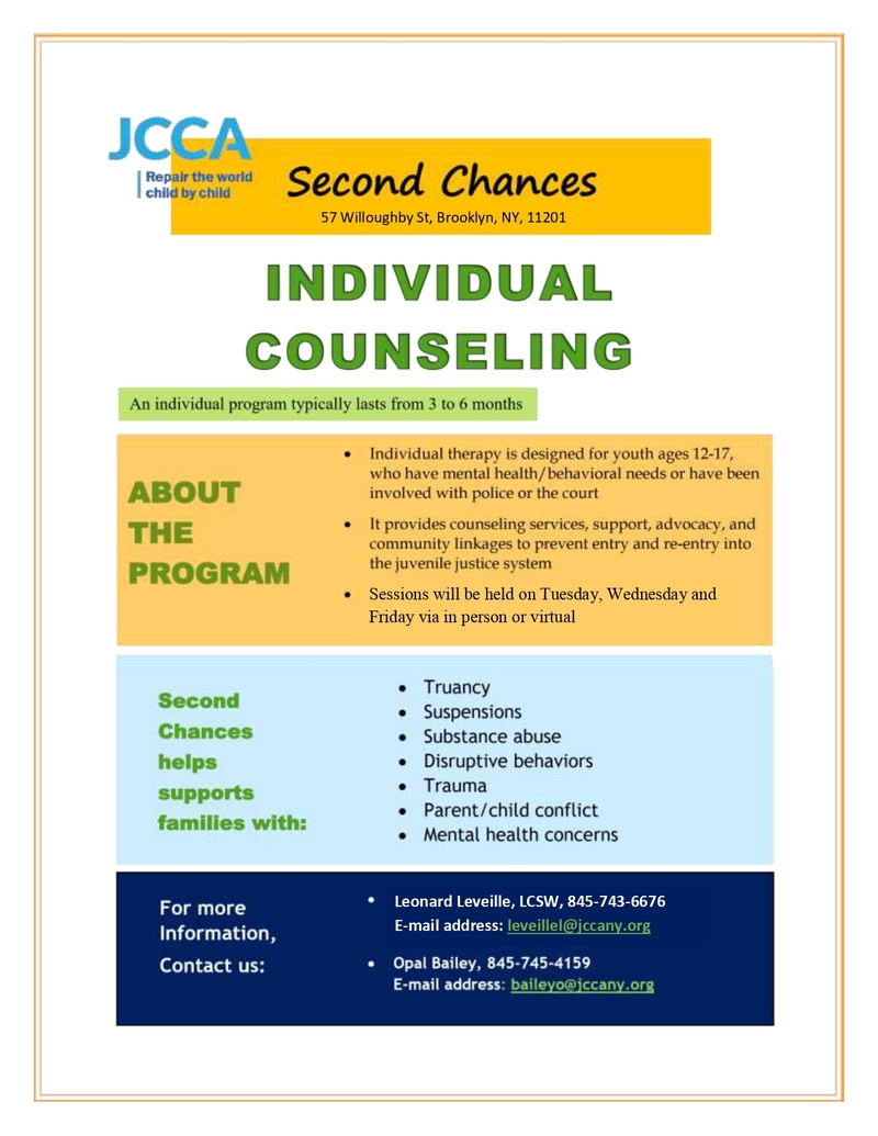 JCCA Second Chances individual counseling program flyer for youth ages 12 to 17