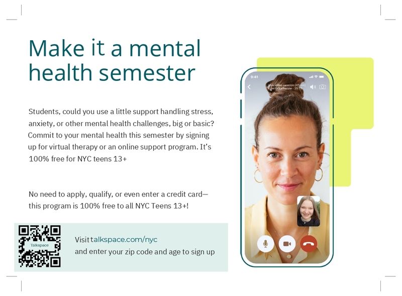 Talkspace ad promoting free virtual therapy for NYC teens age 13 and up