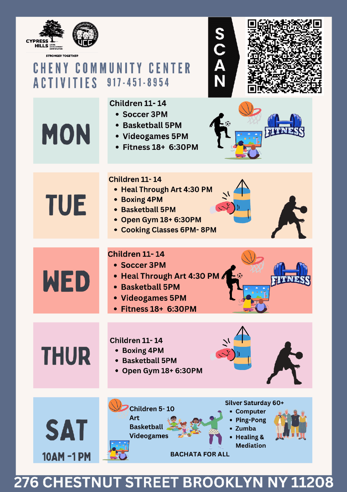 Cheny Community Center weekly activities flyer with schedule and contact info