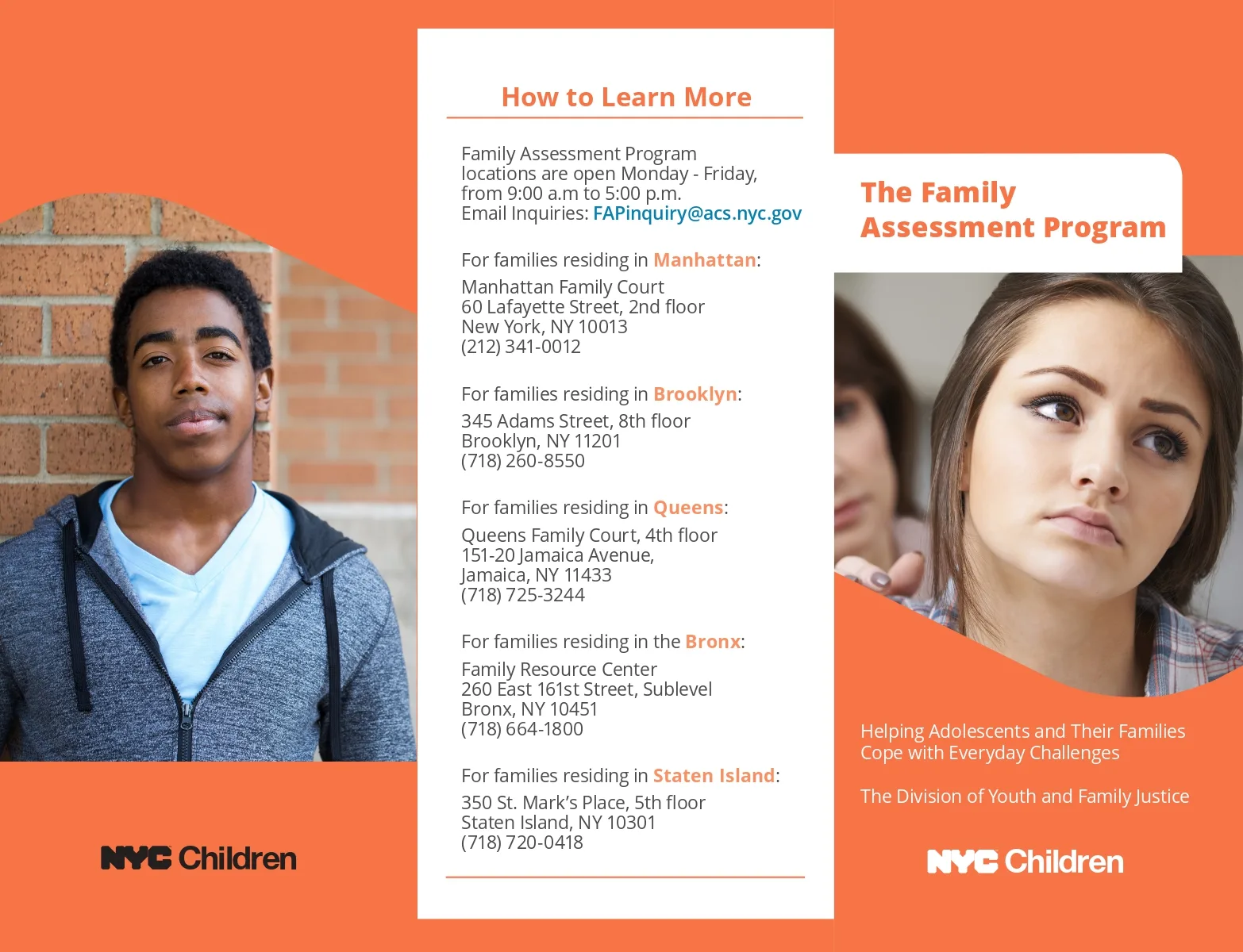 NYC Family Assessment Program brochure showing two teenagers seeking support