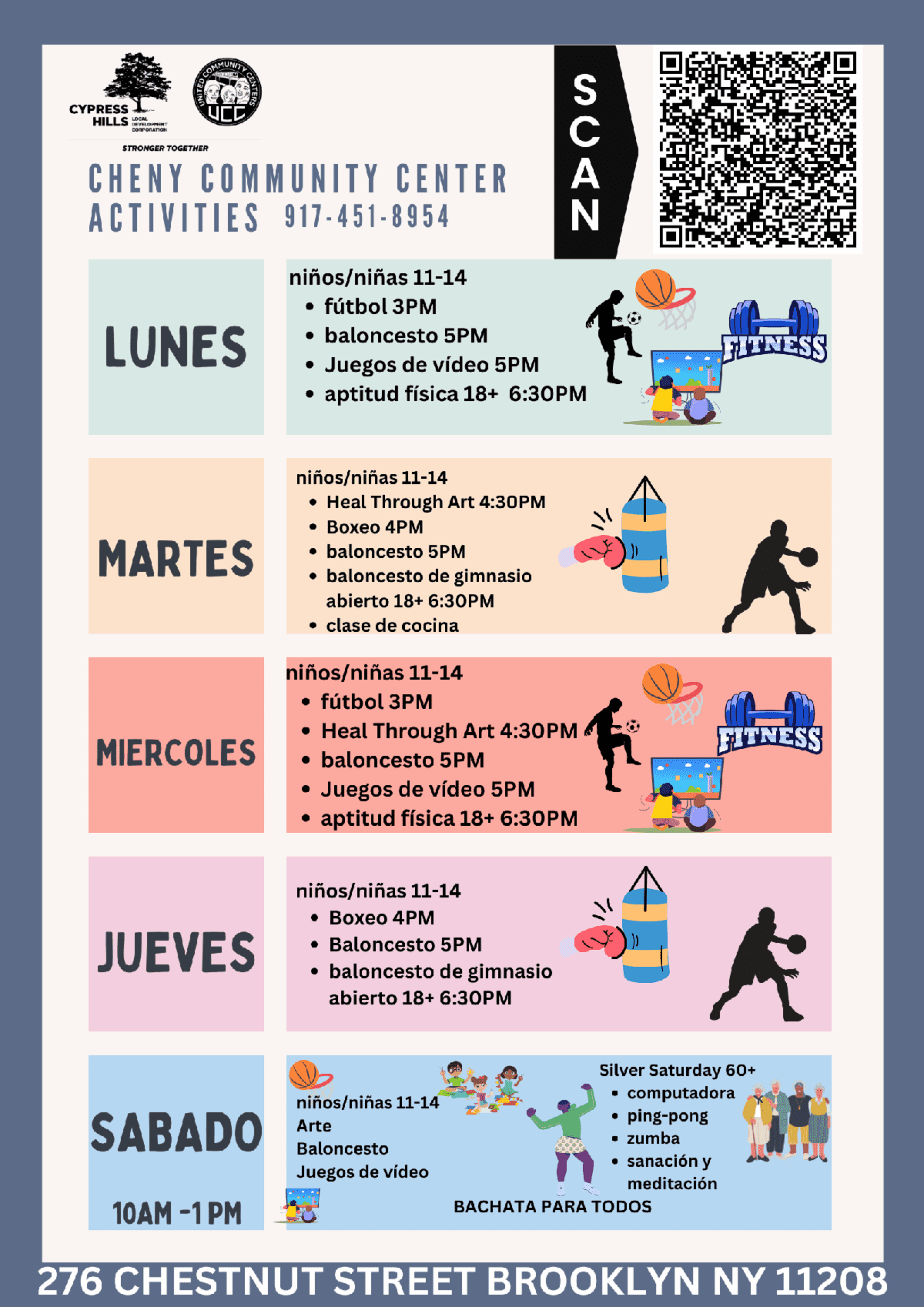 Cheny Community Center weekly activities flyer in Spanish Brooklyn NY