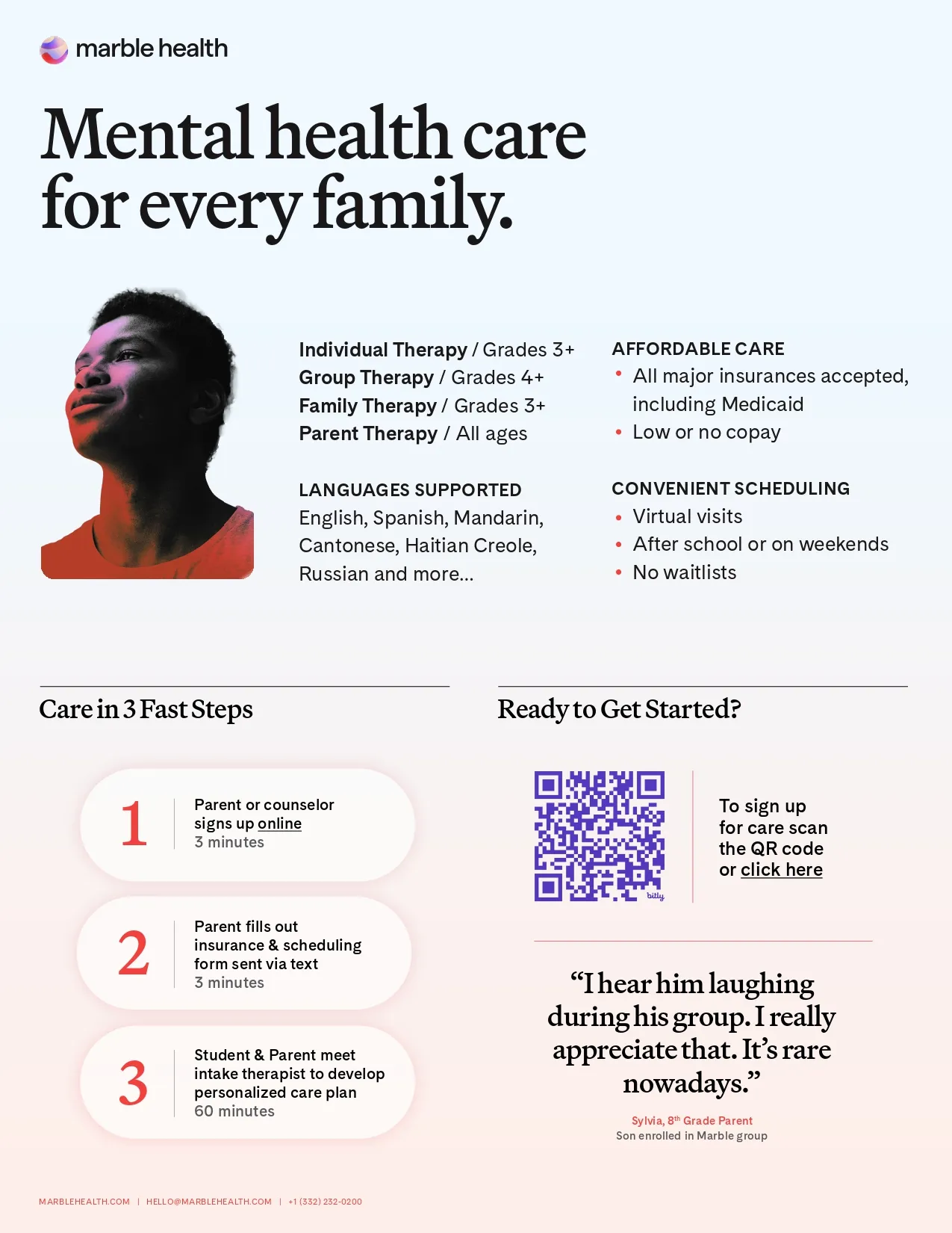Marble Health flyer promoting mental health care services for families and students