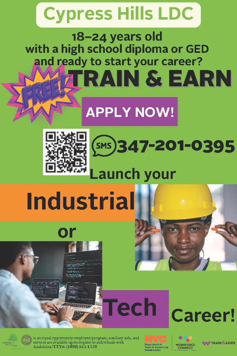 Cypress Hills LDC free Train and Earn career program flyer for ages 18 to 24