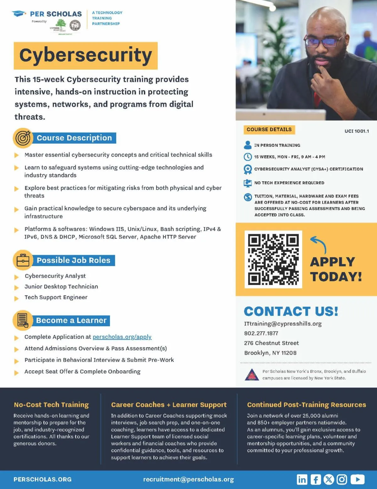 Per Scholas cybersecurity training program flyer with course details