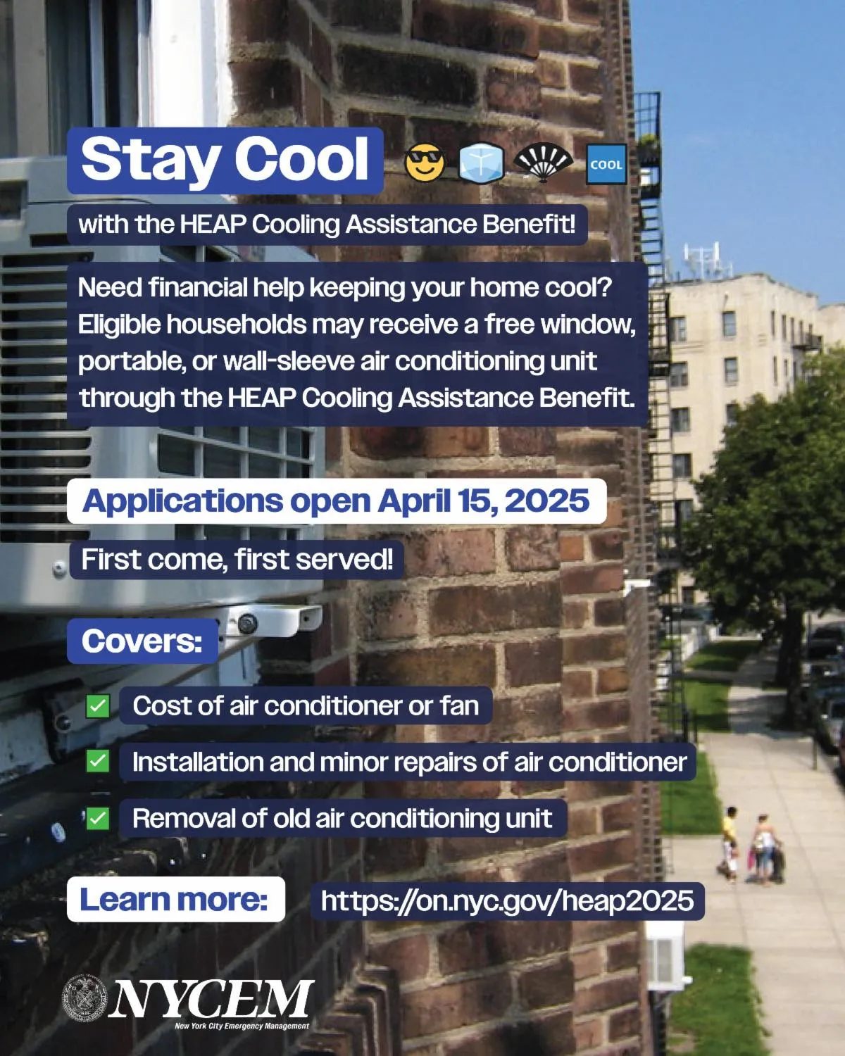 NYCEM flyer promoting HEAP Cooling Assistance Benefit applications opening April 2025