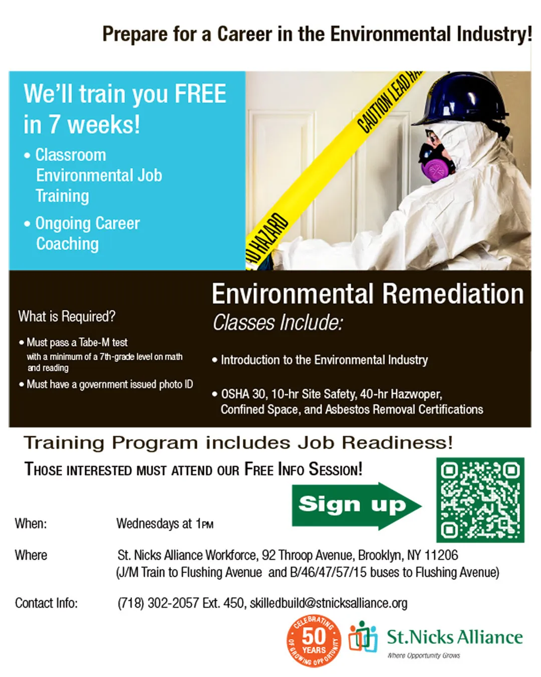 St. Nicks Alliance free environmental remediation career training program flyer