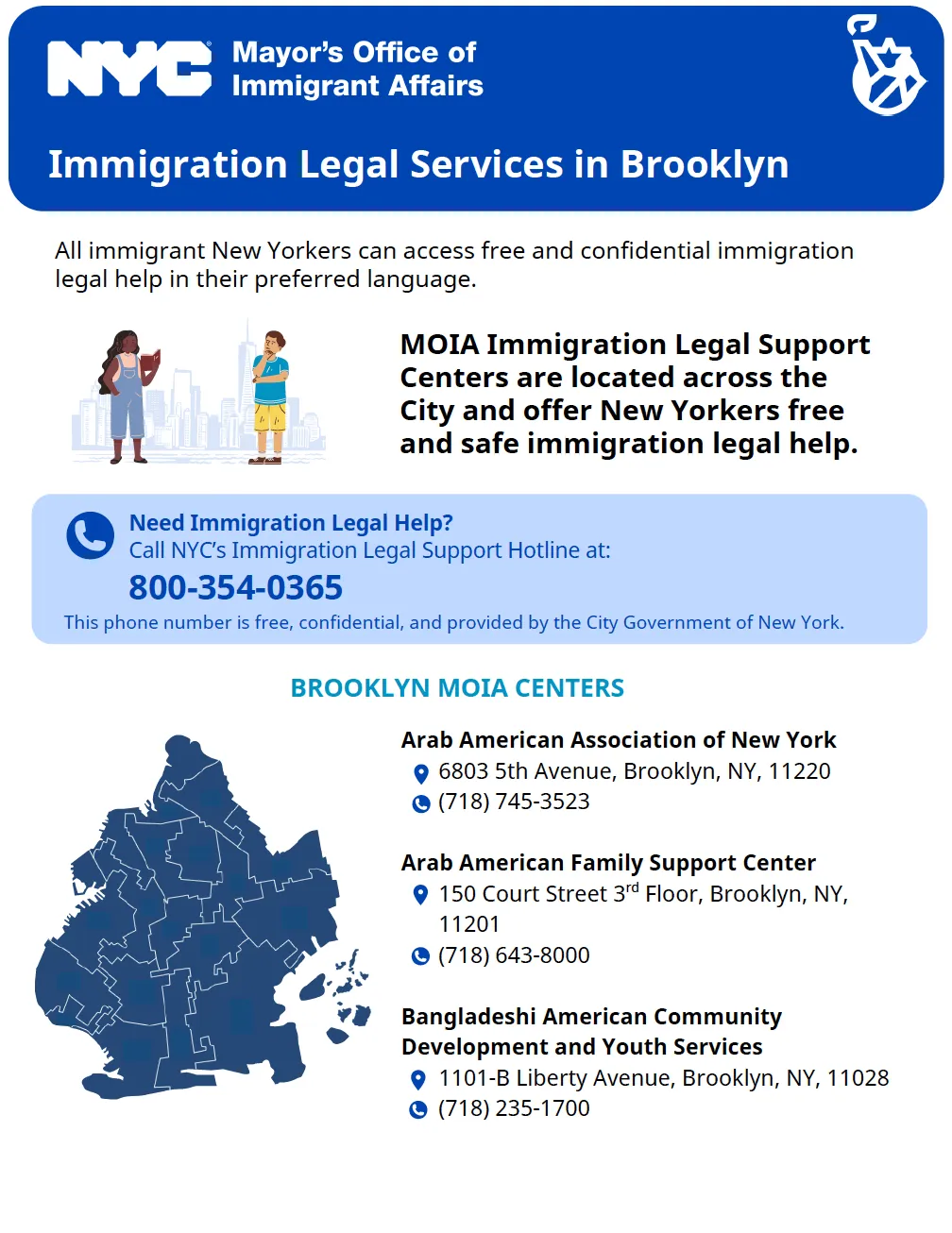 NYC Mayor's Office flyer listing free immigration legal services in Brooklyn