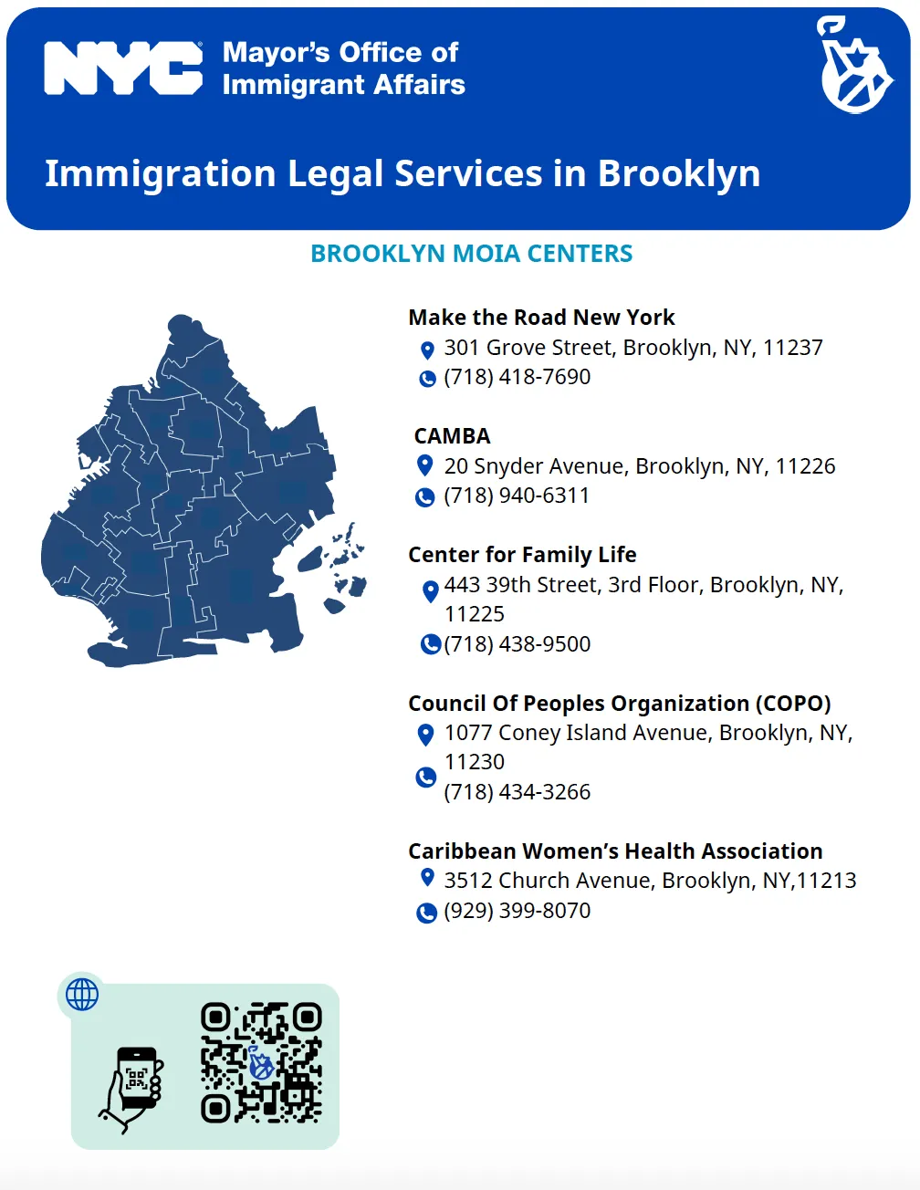 NYC Mayor's Office flyer listing immigration legal services in Brooklyn