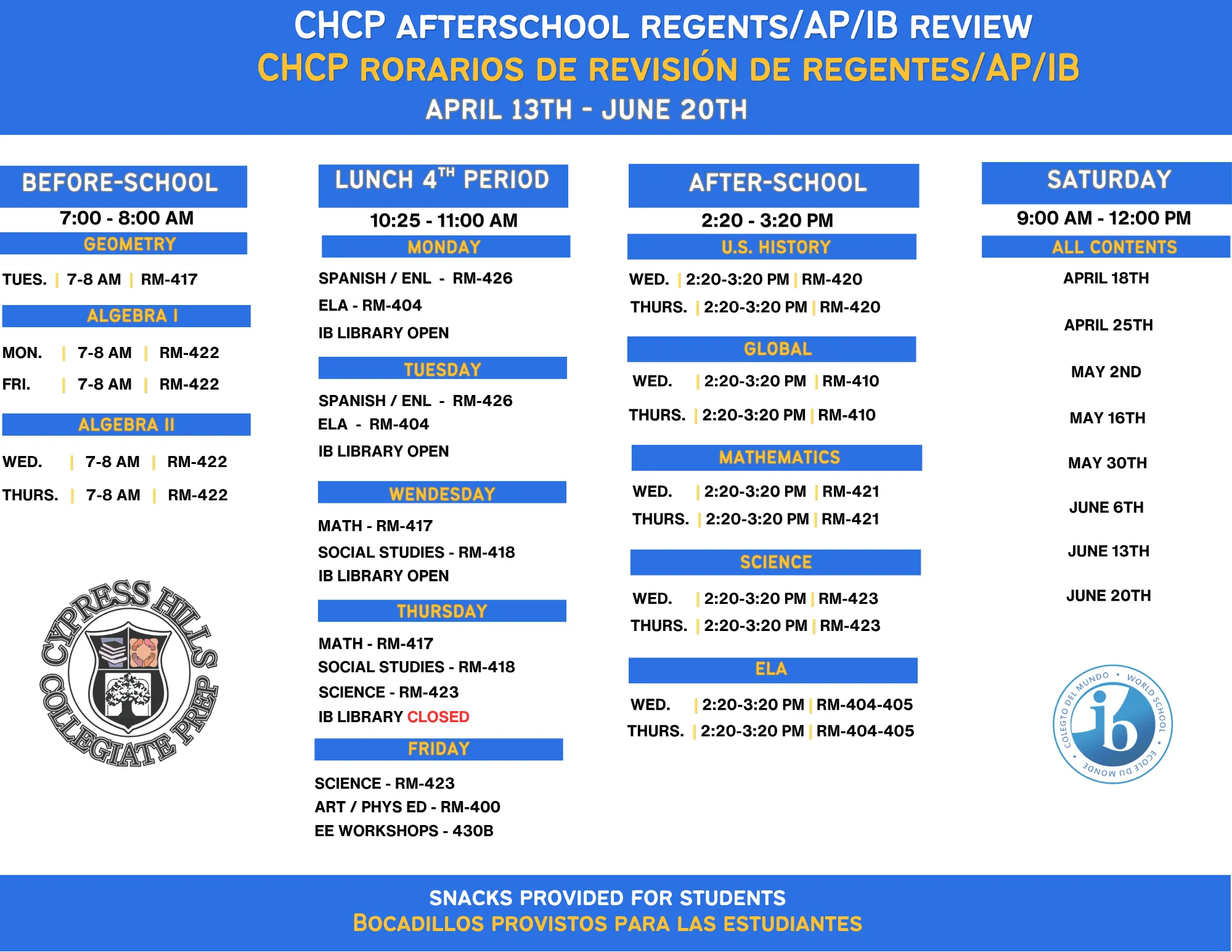 CHCP afterschool Regents AP IB review schedule April 13 through June 20