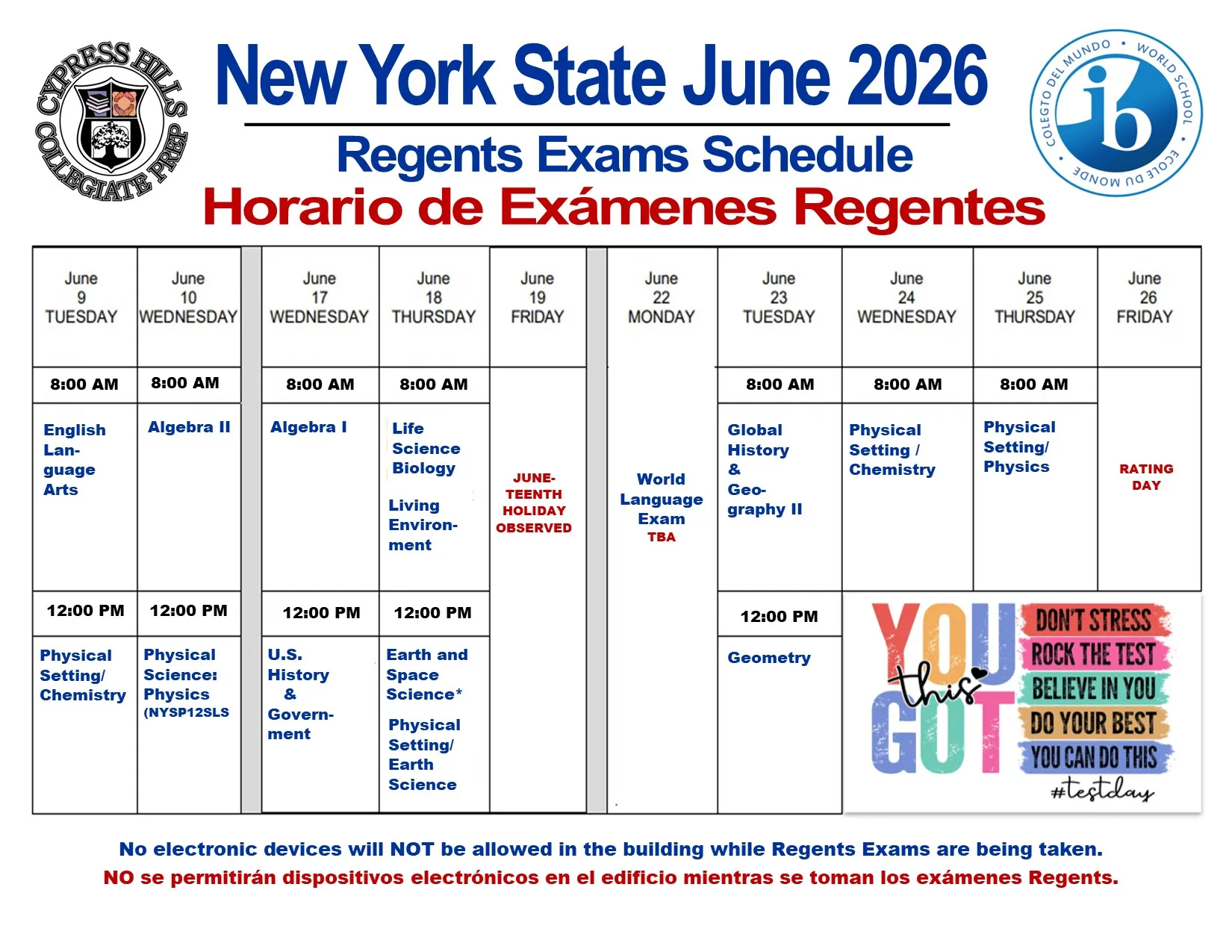New York State June 2026 Regents Exams Schedule bilingual calendar