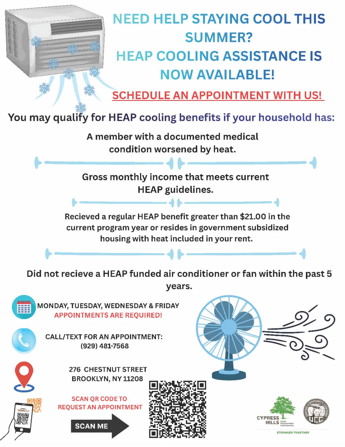 Flyer announcing HEAP cooling assistance program with eligibility details and appointment information