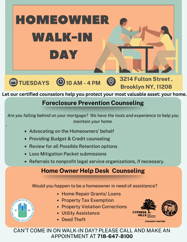 Homeowner Walk-In Day flyer with counseling services and contact info