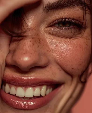 Close-up of a smiling woman with freckles, green eyes, and glossy lips against a pink background.
