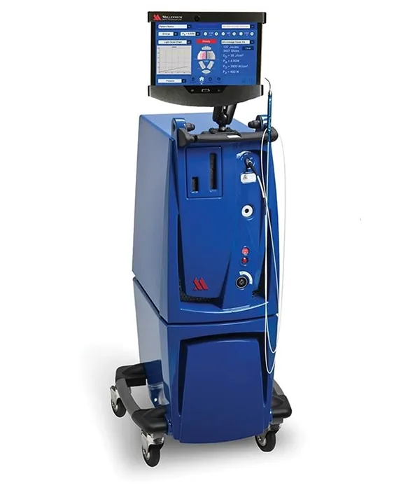 Blue medical laser machine on wheels with adjustable screen displaying device settings.