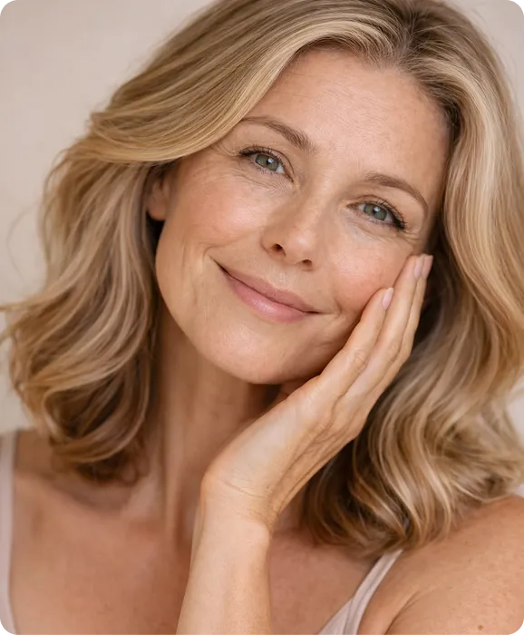 Smiling middle-aged woman with wavy blonde hair resting her face on her hand.