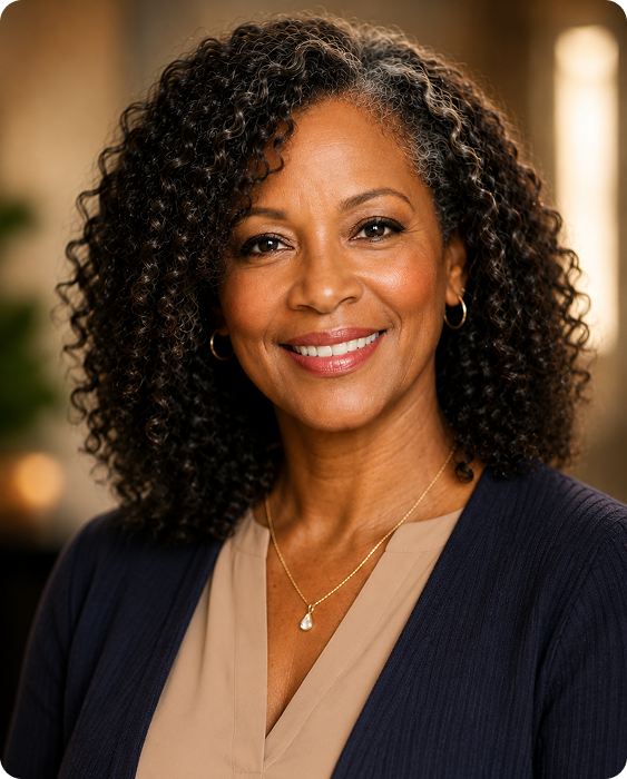 Smiling middle-aged woman with curly hair, wearing a navy cardigan, beige top, and gold necklace.