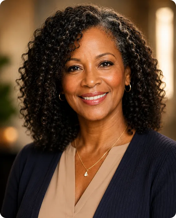 Smiling middle-aged woman with curly hair, wearing a navy cardigan, beige top, and gold necklace.