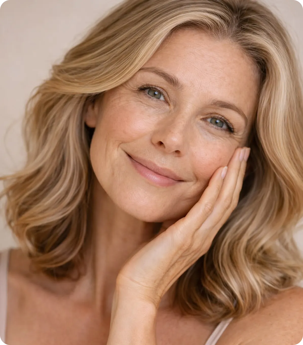 Smiling middle-aged woman with blonde shoulder-length hair resting her face on her hand.