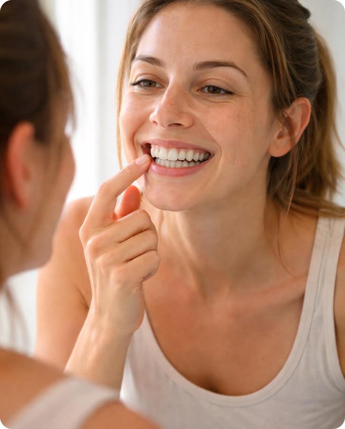 Smiling woman touching her teeth while looking at her reflection in a mirror.