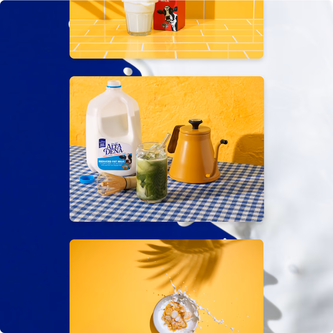 Milk jug, matcha tea in glass with whisk, and yellow kettle on blue checkered tablecloth.