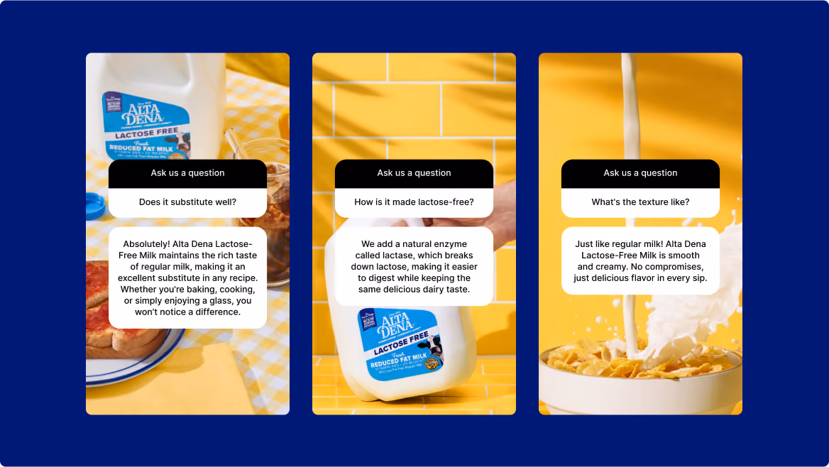Three panels showing Alta Dena Lactose-Free Milk with Q&A about substitution, lactose breakdown, and texture over food.