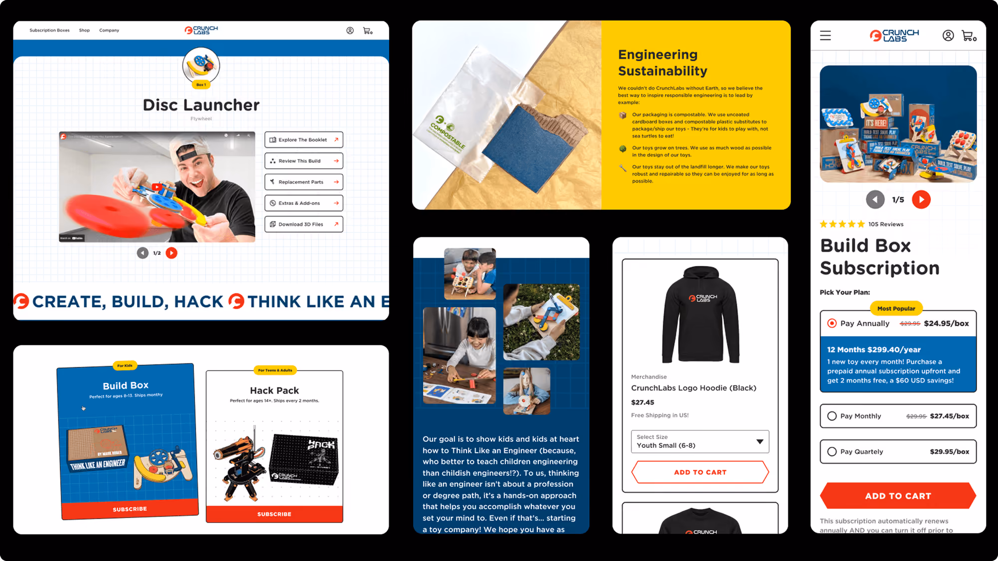 CrunchLabs site showing Disc Launcher toy, eco-friendly packaging, subscription plans, and branded hoodie.