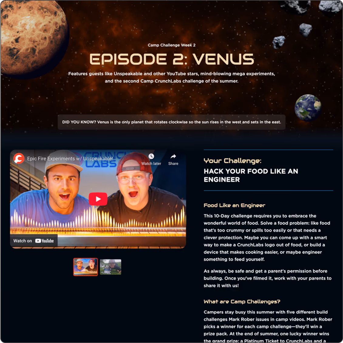 Camp Challenge Week 2 Episode 2: Venus with YouTube video and a challenge to hack your food like an engineer.