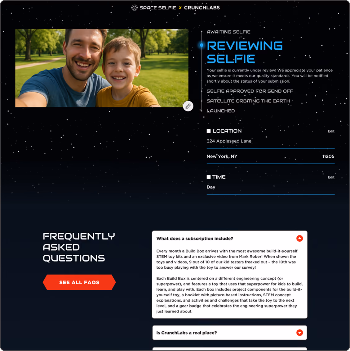 Smiling man and boy taking a selfie in a park with text about reviewing selfies and FAQs on screen.
