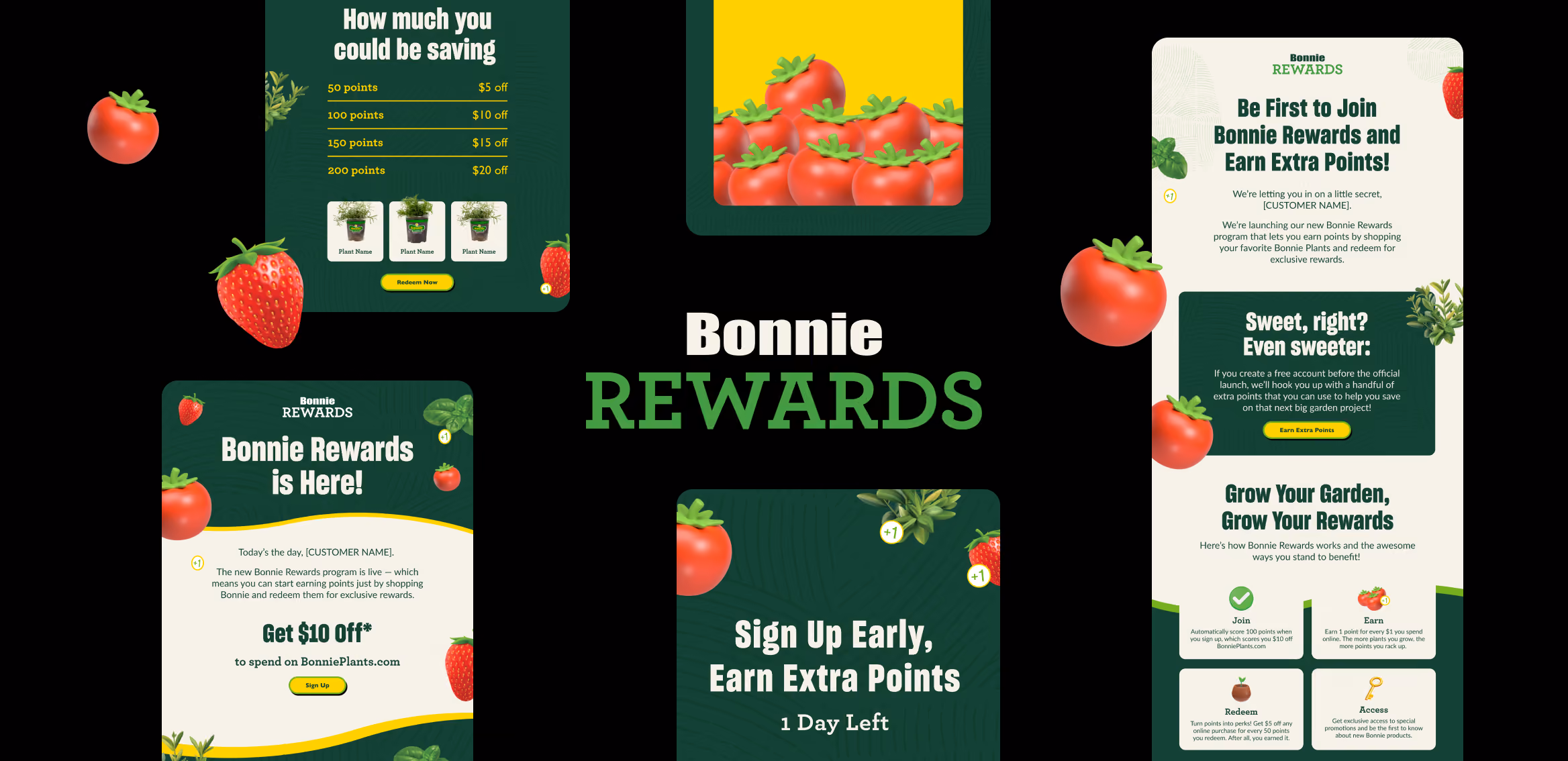 Bonnie Rewards program promotional graphics showing earning, saving, and signing up for points on BonniePlants.com.