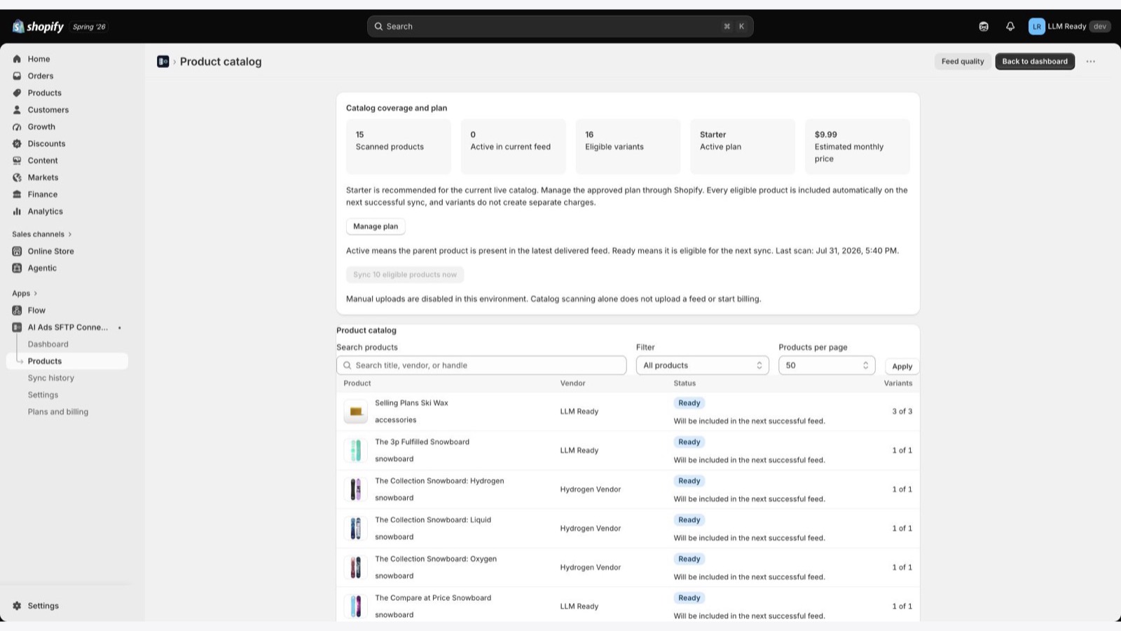 BridgeSFTP product catalog showing eligibility and feed status