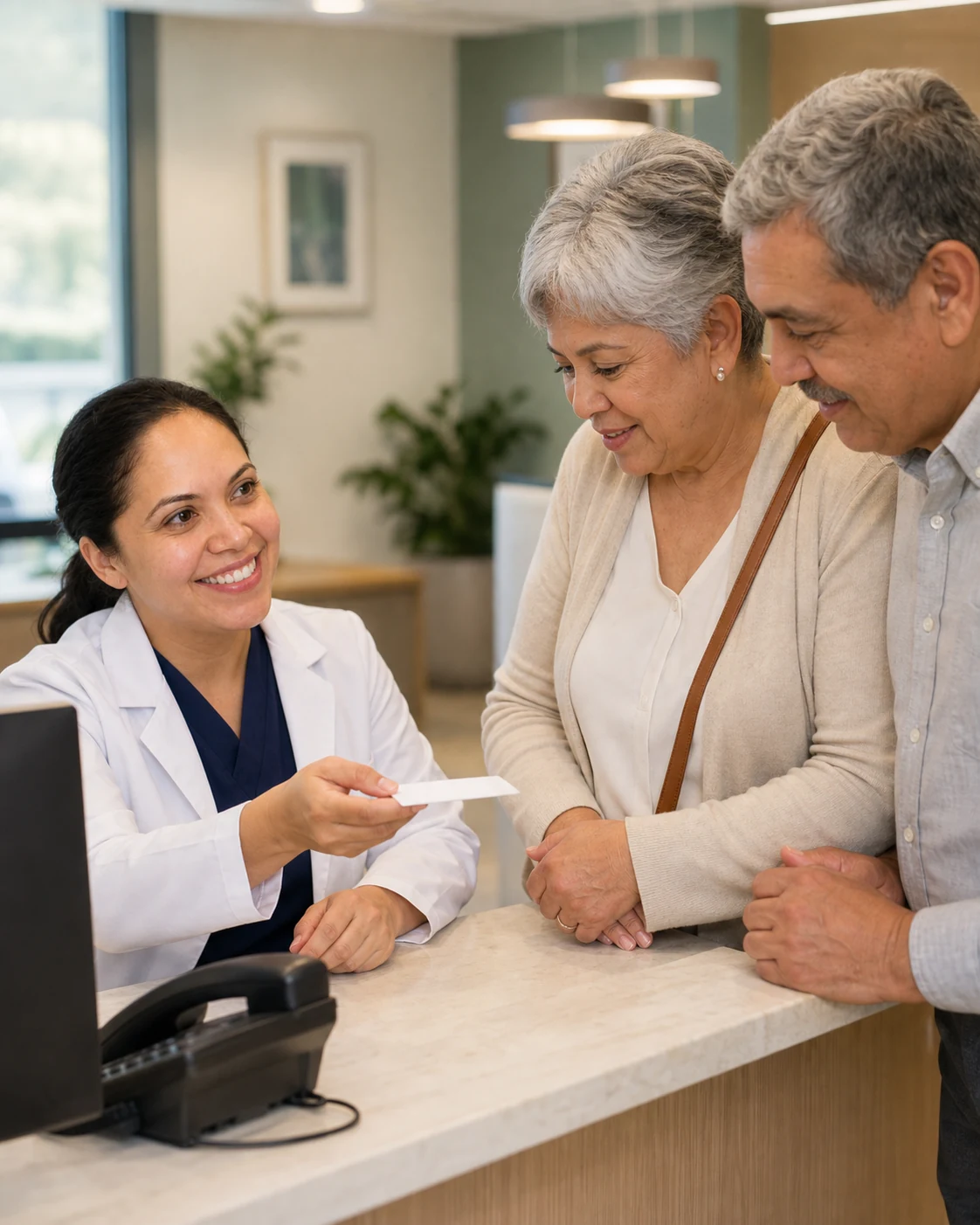 Care coordinator helping an older couple schedule a clinic visit.