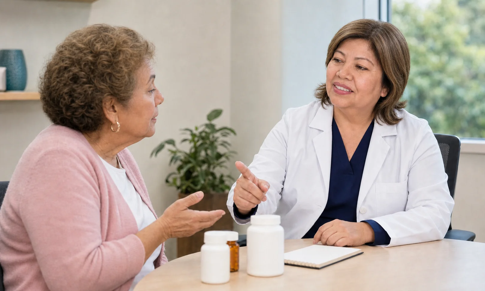 Older patient reviewing medications and a care plan with a clinician.
