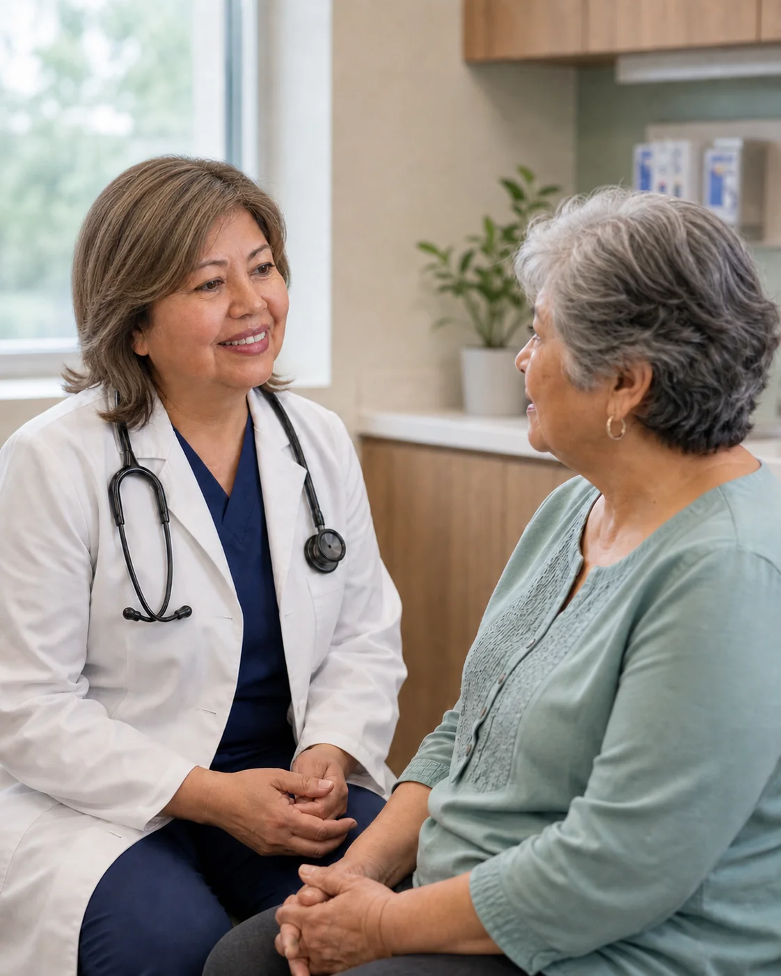 Clinician listening as an older patient describes her health goals.