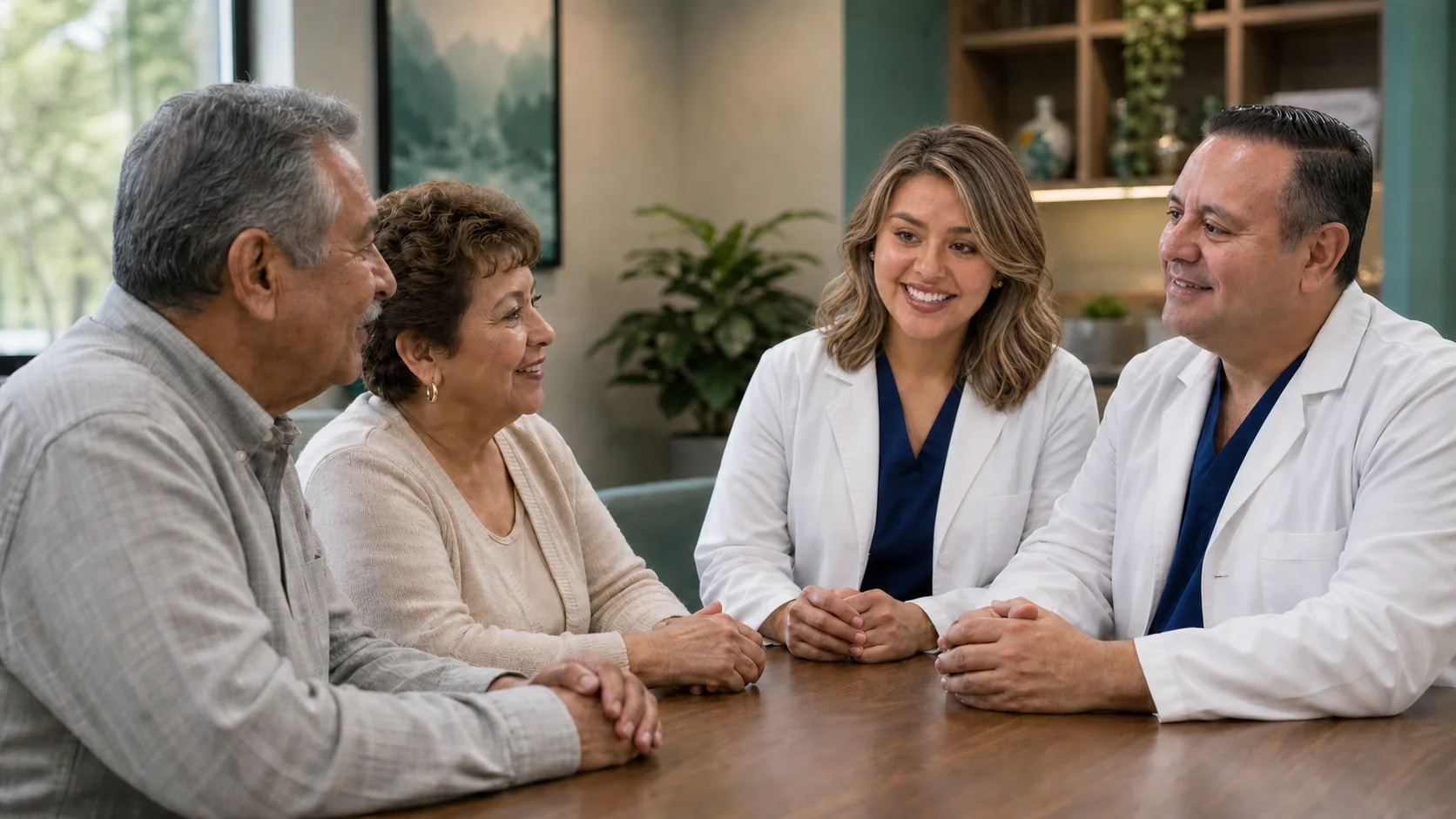 Older patients speaking with a care team in a primary care clinic.