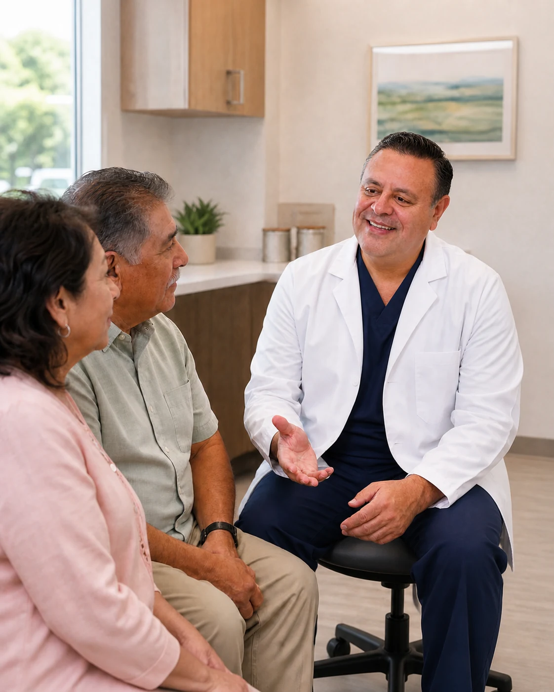 Dr. David Hernandez-Rodriguez discussing preventive care with an older couple.