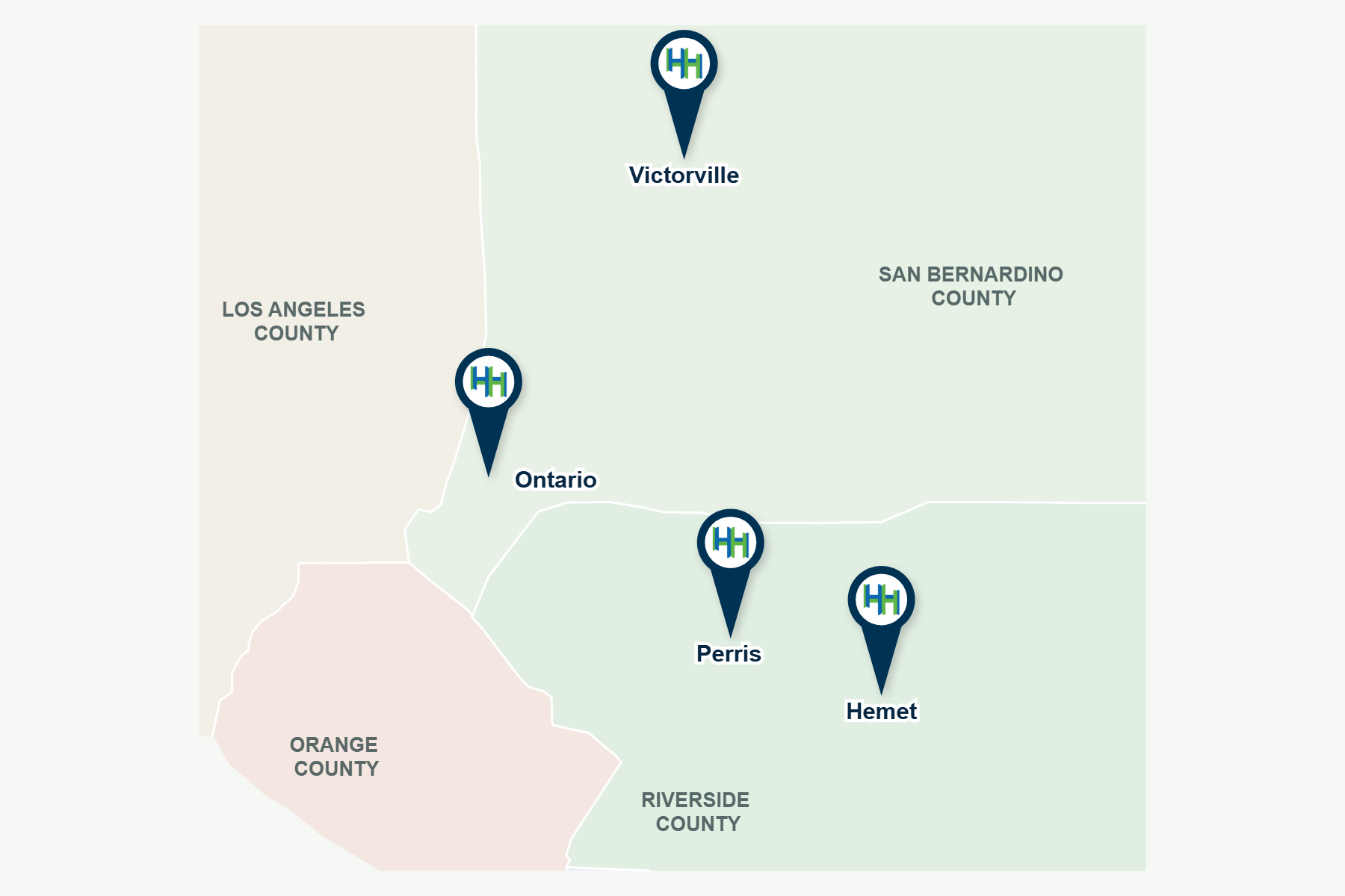 Map showing Hernandez Health locations in Victorville, Ontario, Perris, and Hemet.