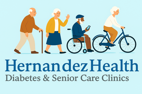 Ilustración de Hernandez Health Diabetes & Senior Care Clinics con adultos mayores activos.