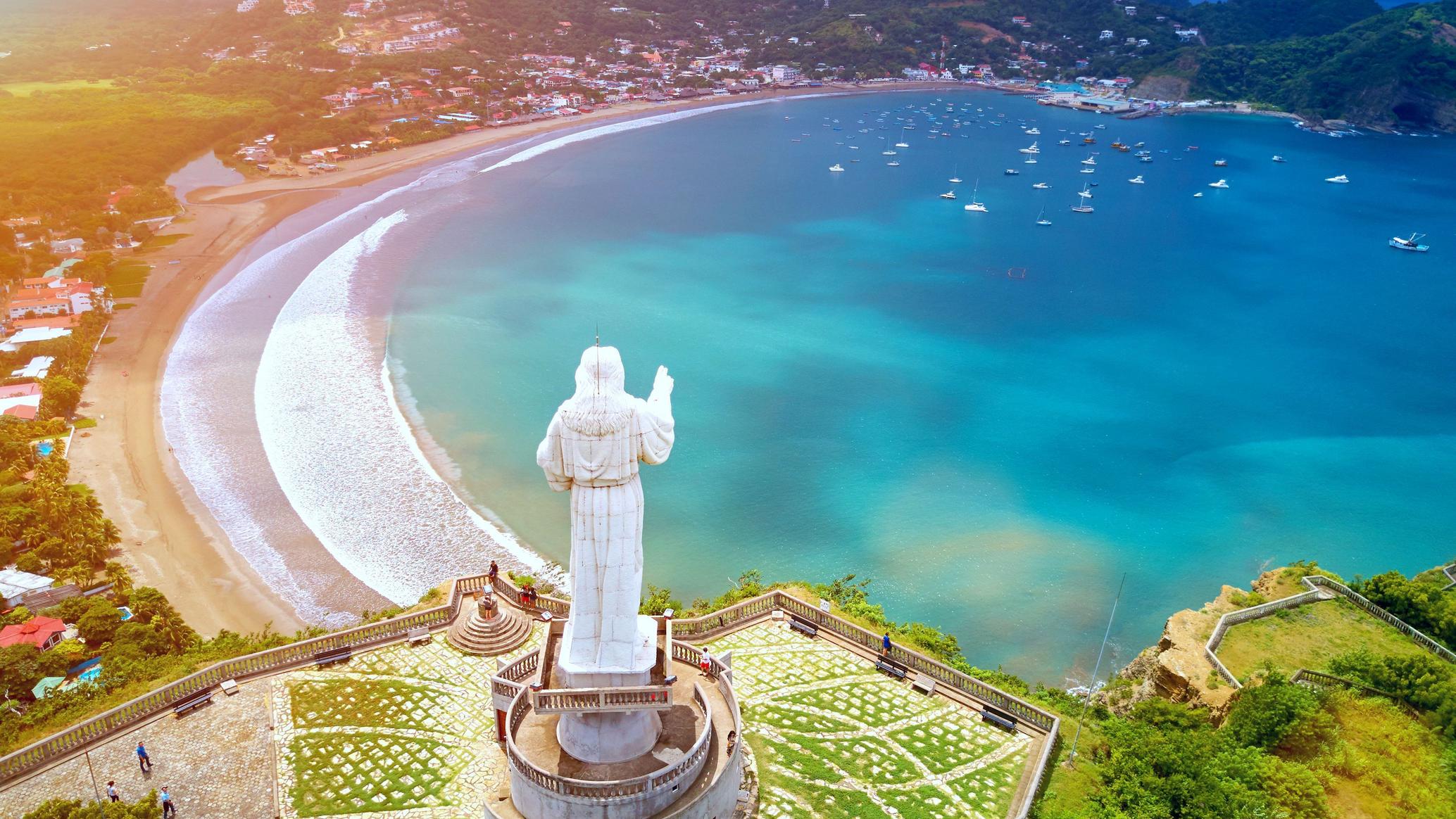 Aerial view of San Juan del Sur bay and the Christ of Mercy statue, Nicaragua