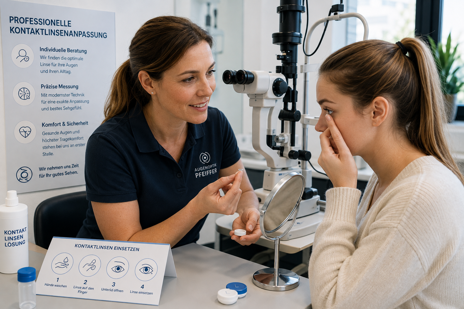 Augenoptiker passt einer Kundin individuell Kontaktlinsen an und erklärt die richtige Handhabung.